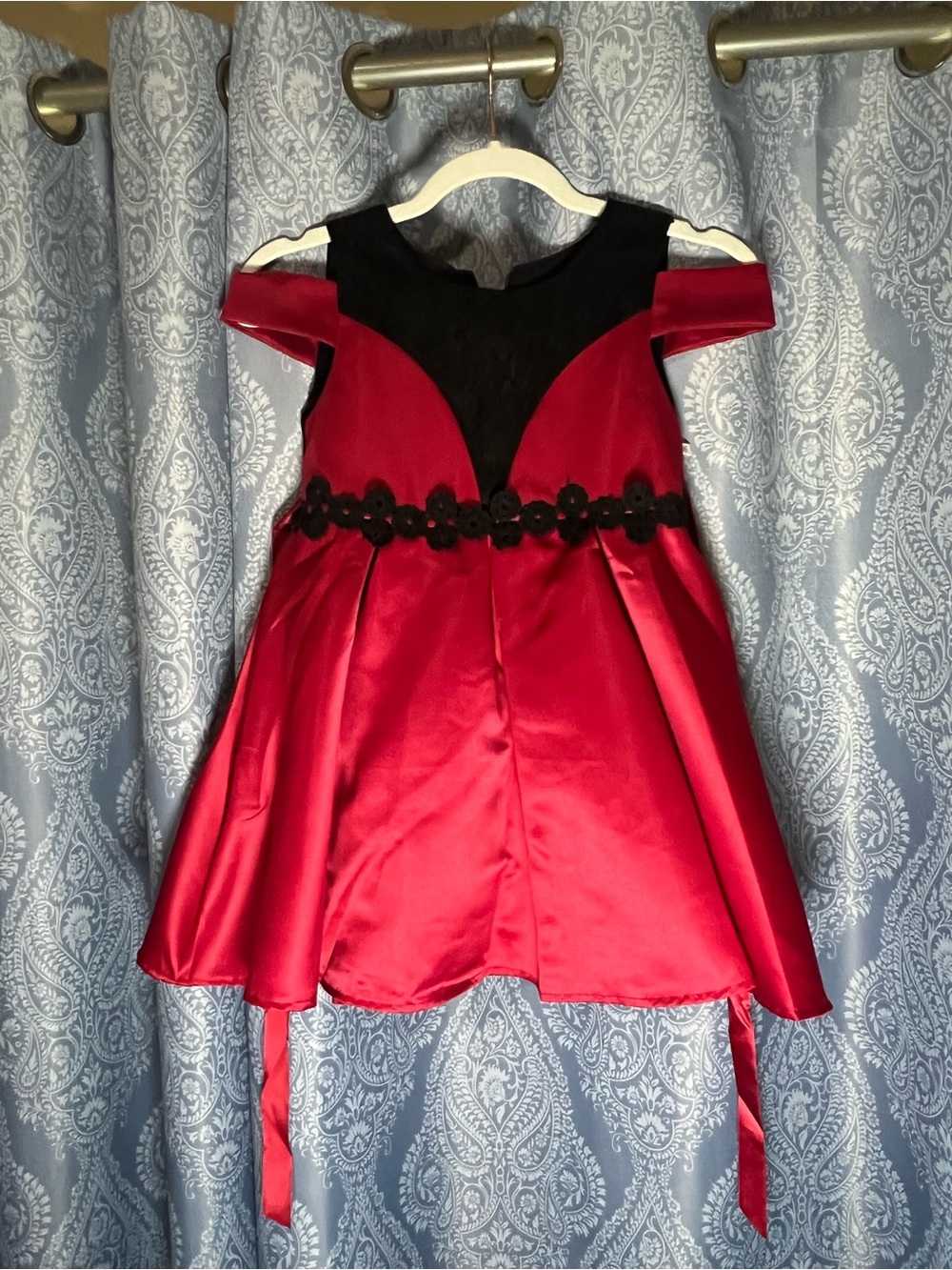 Girls Red & Black Satin Cold Shoulder Party Dress